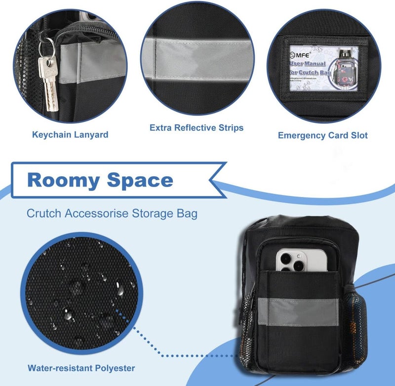 MFE Crutch Accessories Bag - Water-Resistant Organizer Pouch with Cup Holder, Zippered Pockets & Reflective Strips - Universal Tote for Underarm Crutches, Adults & Seniors, Black - Image 3